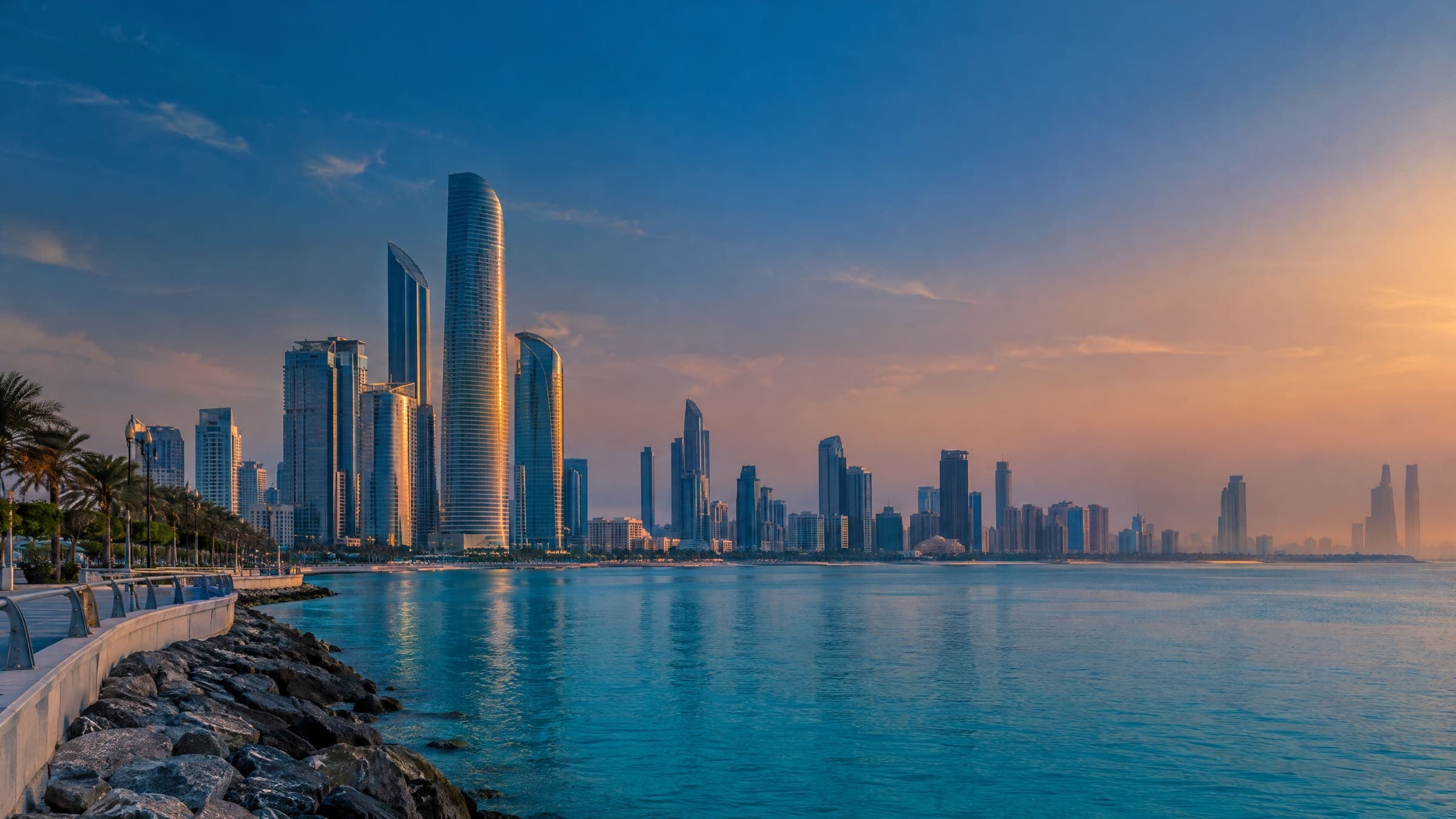 Abu Dhabi's waterfront and city buildings in calm afternoon light