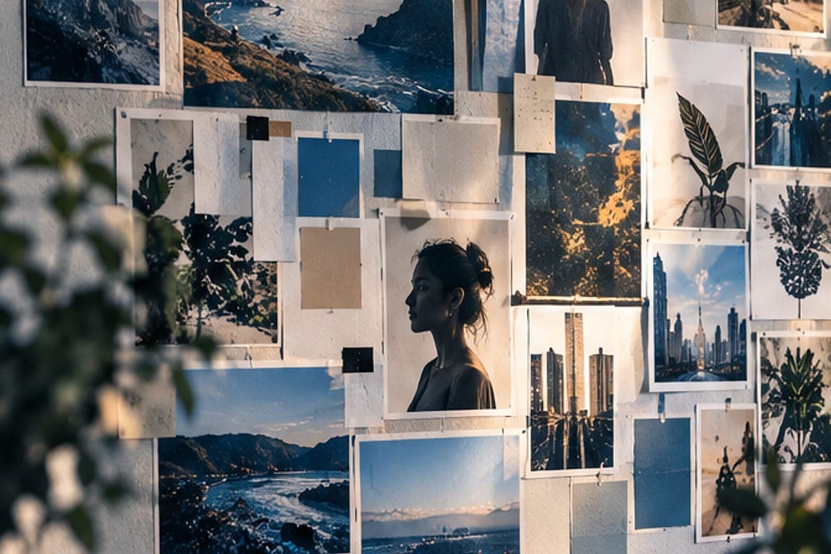 Brand guideline pages and printed samples laid out on a stone table during a rebrand review