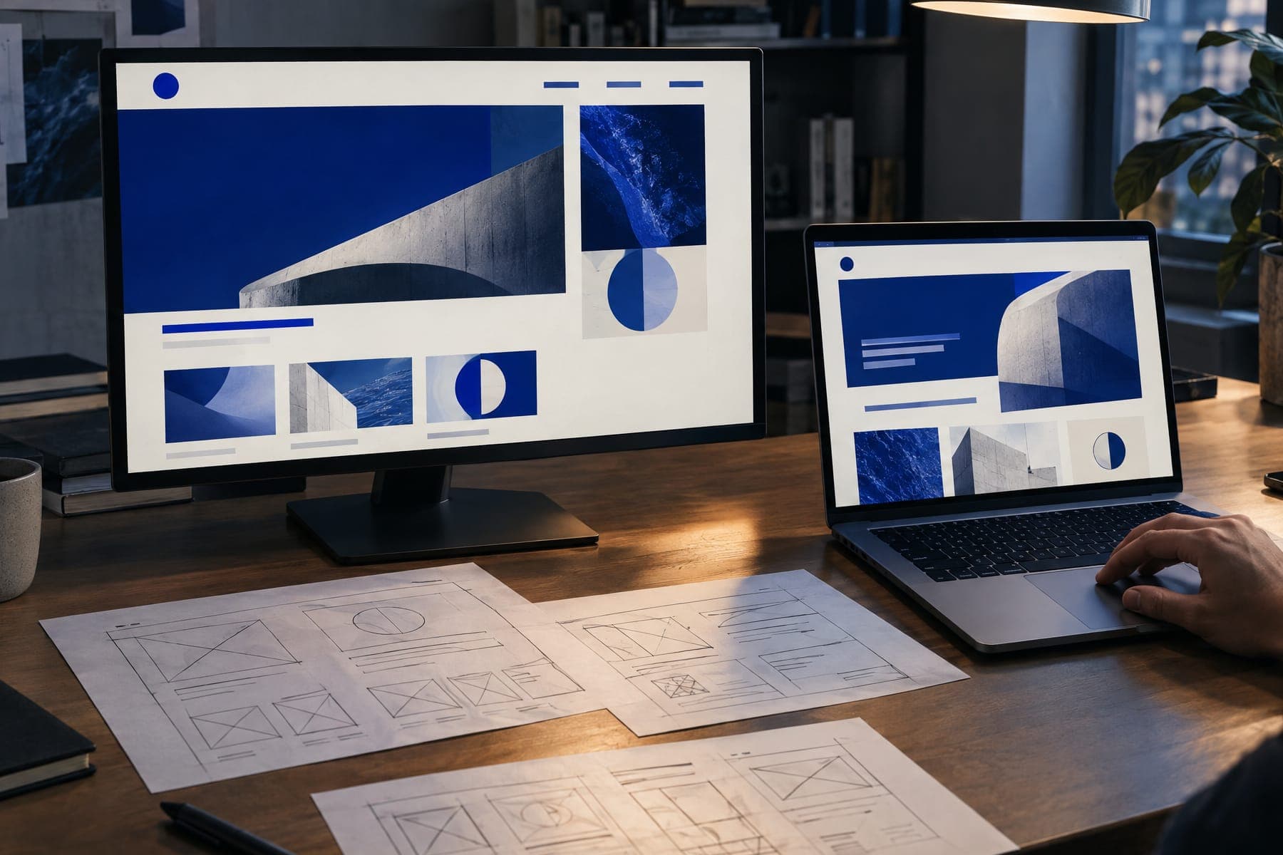 A creative team reviewing a printed brief and early sketches around a studio table.