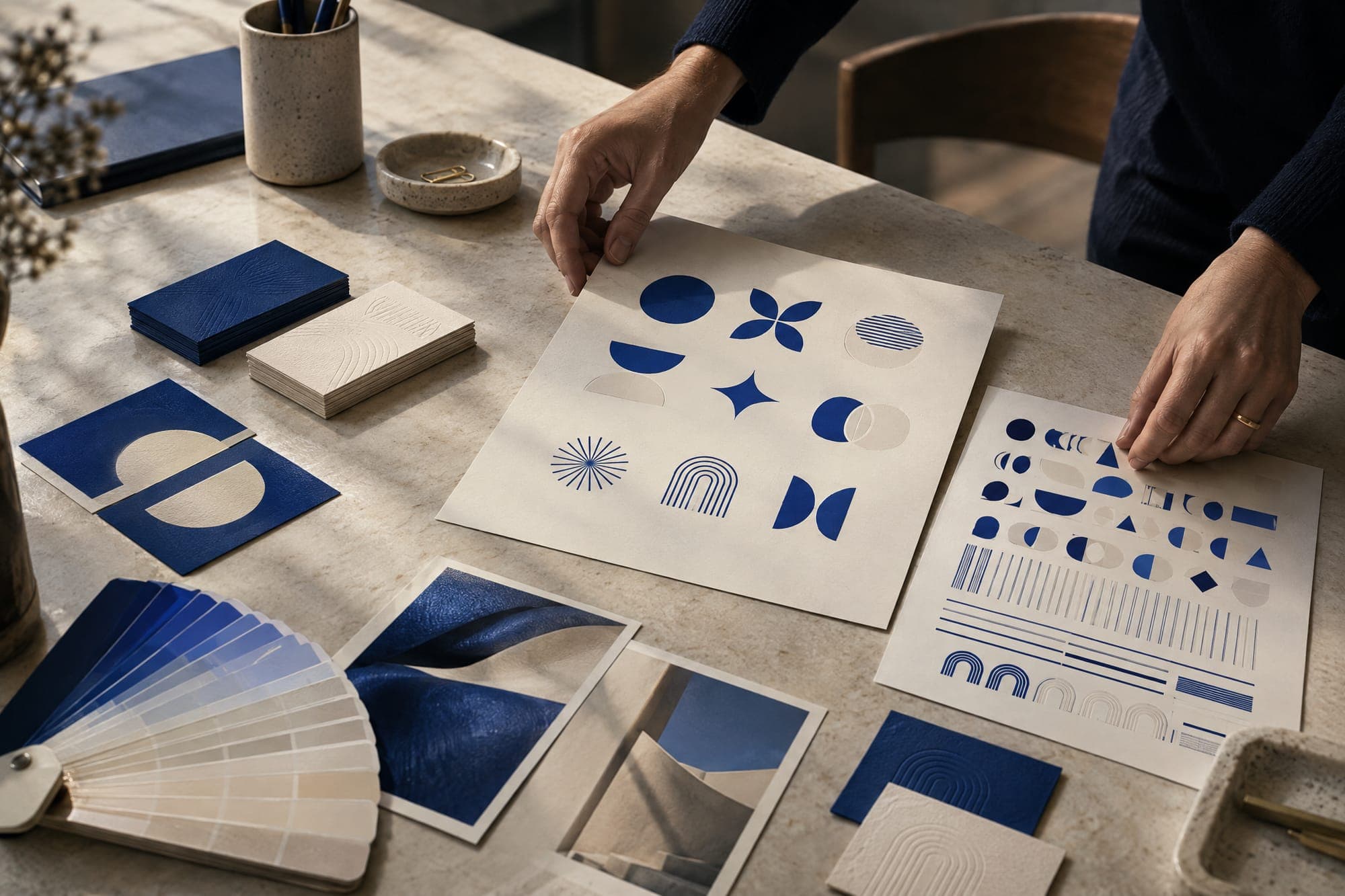 Arabic and English brand identity sketches laid out on a studio table in Doha