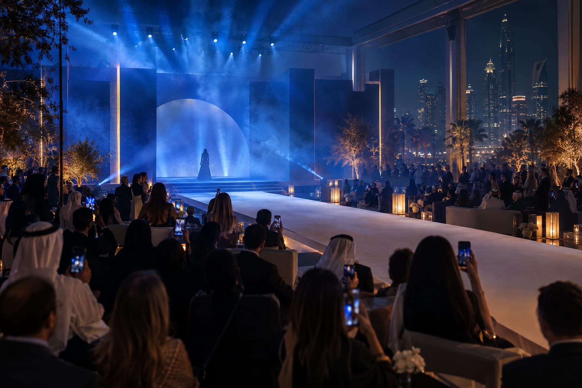 Stage, lighting rig and guest seating being set up for an evening event in Doha