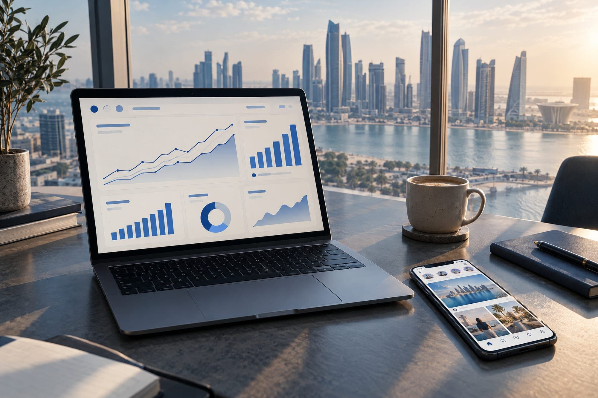 Search and social performance reports in Arabic and English reviewed on a laptop