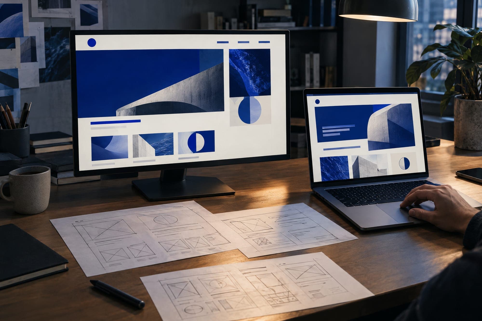 Bilingual website layouts in Arabic and English shown side by side on screen